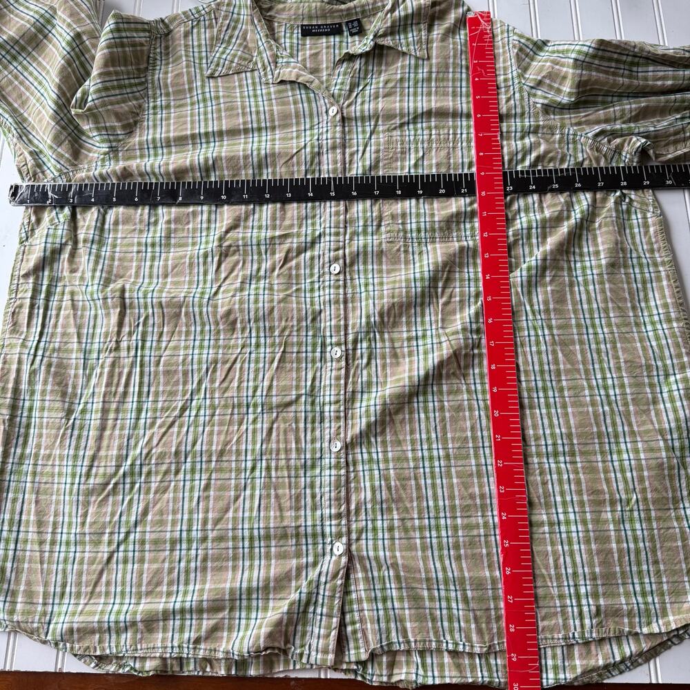 Susan Graver Oversized green plaid shirt size 3X/P Green White front pocket - Picture 9 of 10